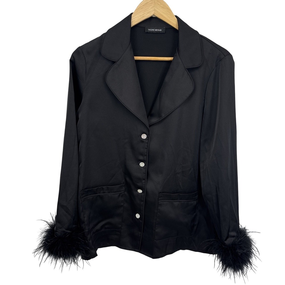 Nadine Merabi Top Womens XL Black Silk‎ Touch Polyester Feather Cuffs Whimsigoth